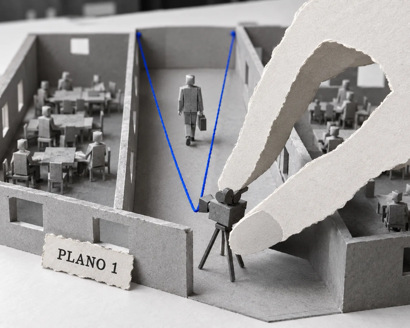 Diorama de papel: una mano gigante ajusta una cámara diminuta dentro de una maqueta de cartón gris, con dos hilos azules que marcan lo que ve