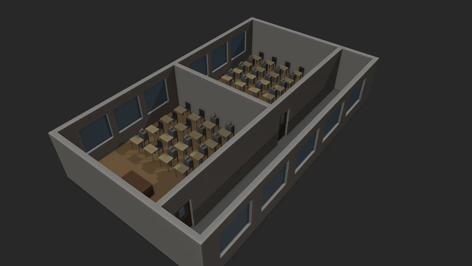 Maqueta 3D de un colegio en Blender con dos aulas, pasillo y bancos, construida por código con Claude Code