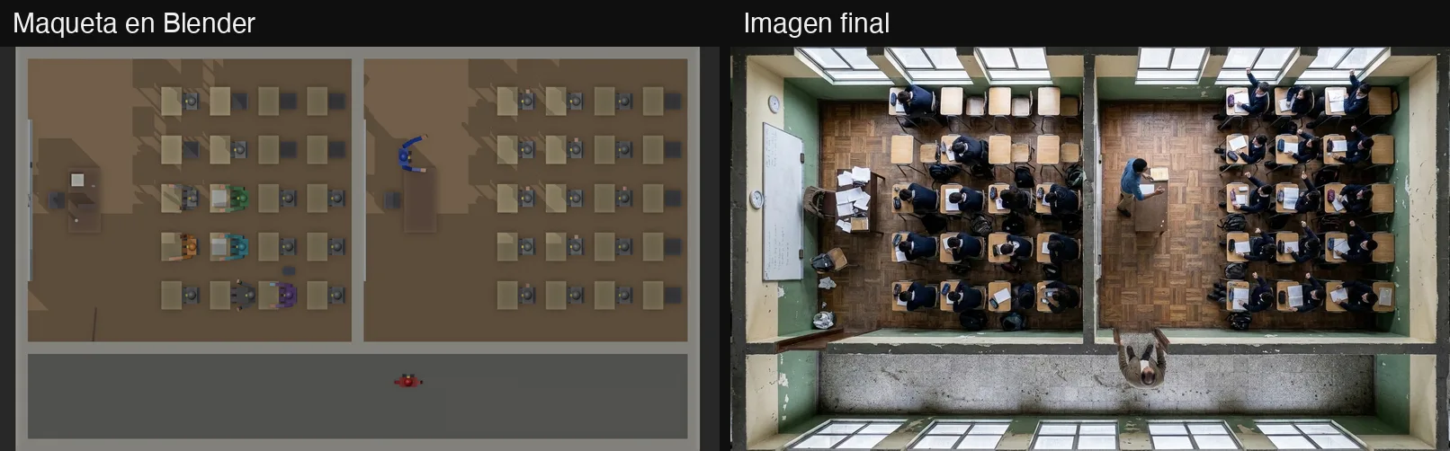 Comparación entre la maqueta de Blender y la imagen final con IA: toma cenital de dos aulas y el pasillo con los alumnos en sus bancos