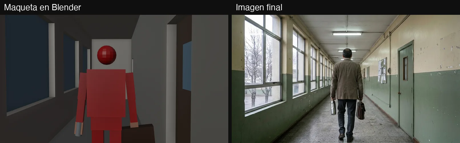 Comparación entre la maqueta de Blender y la imagen final generada con IA: el profesor caminando de espaldas por el pasillo