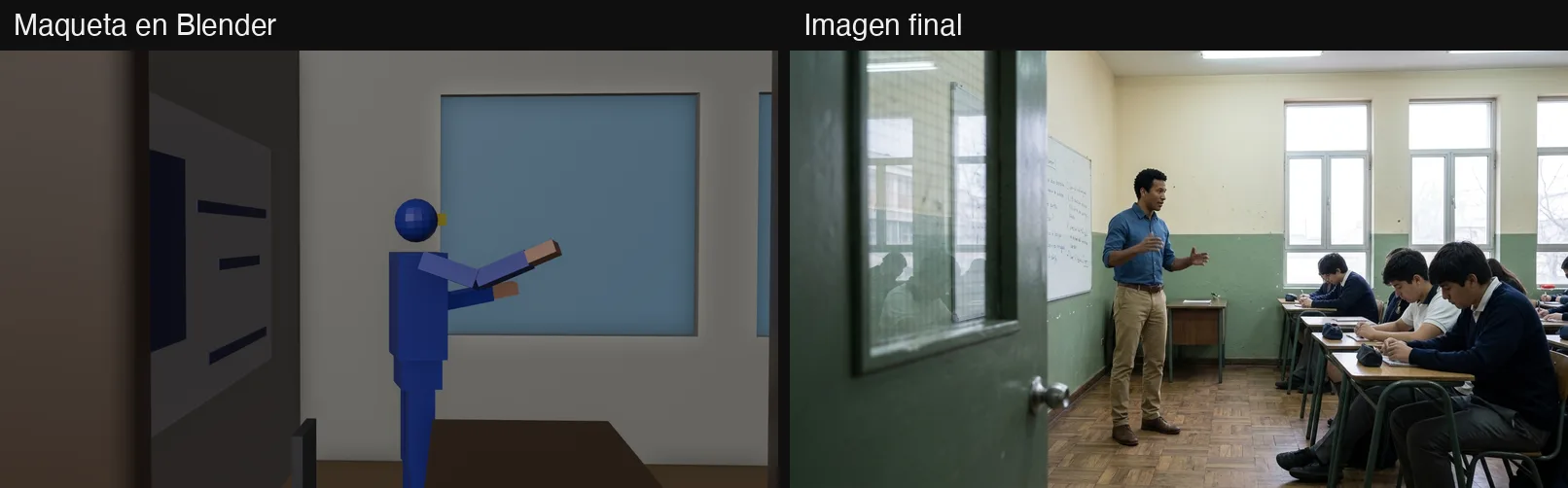 Comparación entre la maqueta de Blender y la imagen final con IA: el aula vista desde la puerta con un profesor al frente