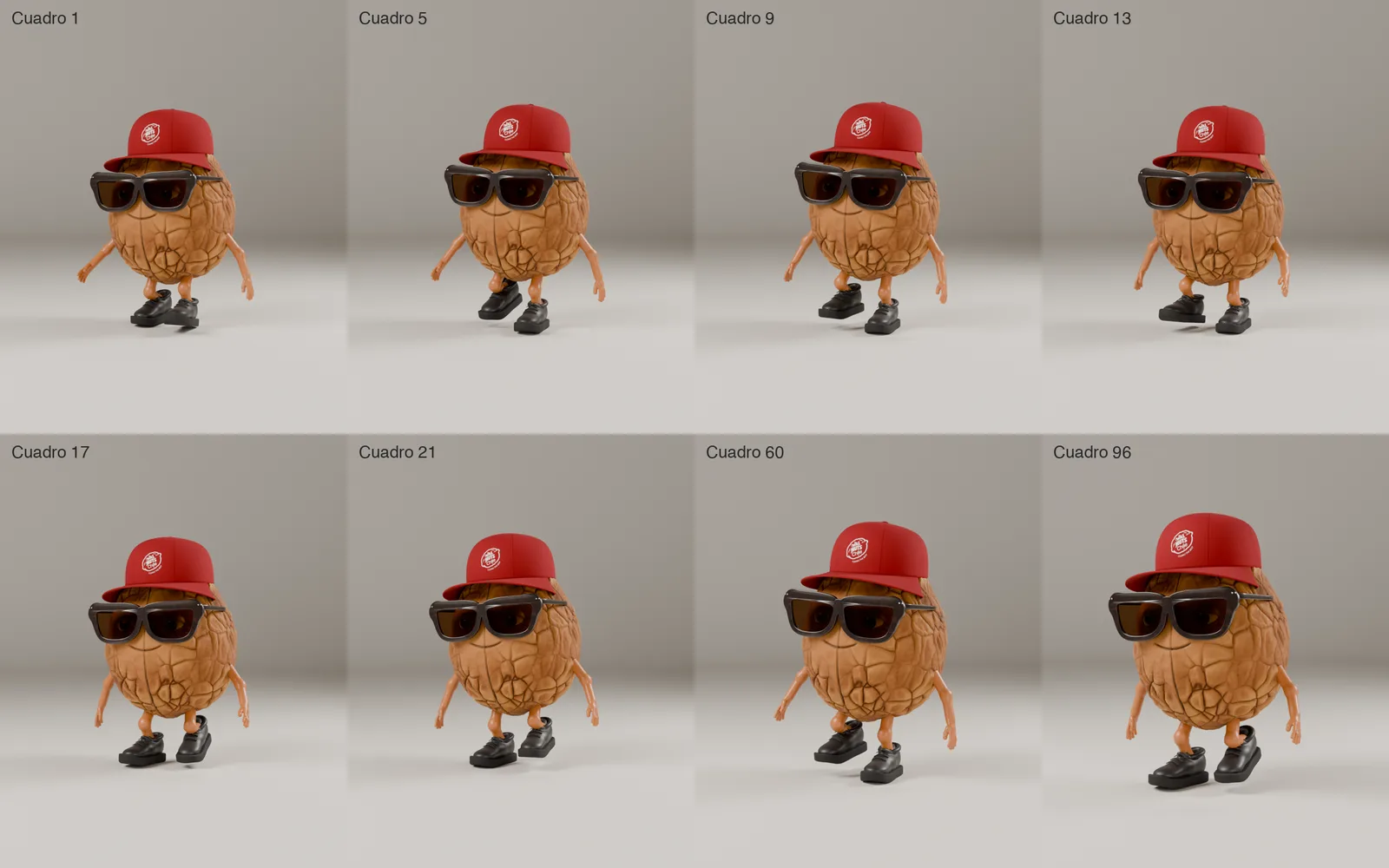 Ocho cuadros de la caminata del personaje 3D de marca animado en Blender con Claude Code
