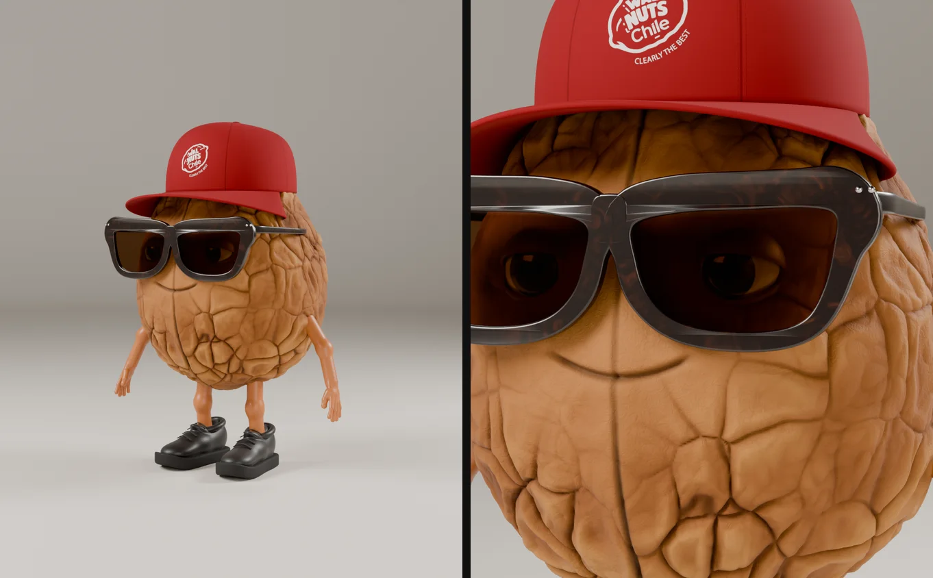 Personaje 3D de marca creado en Blender con Claude Code: una nuez con gorra roja, gafas y zapatillas, en vista de tres cuartos y en primer plano