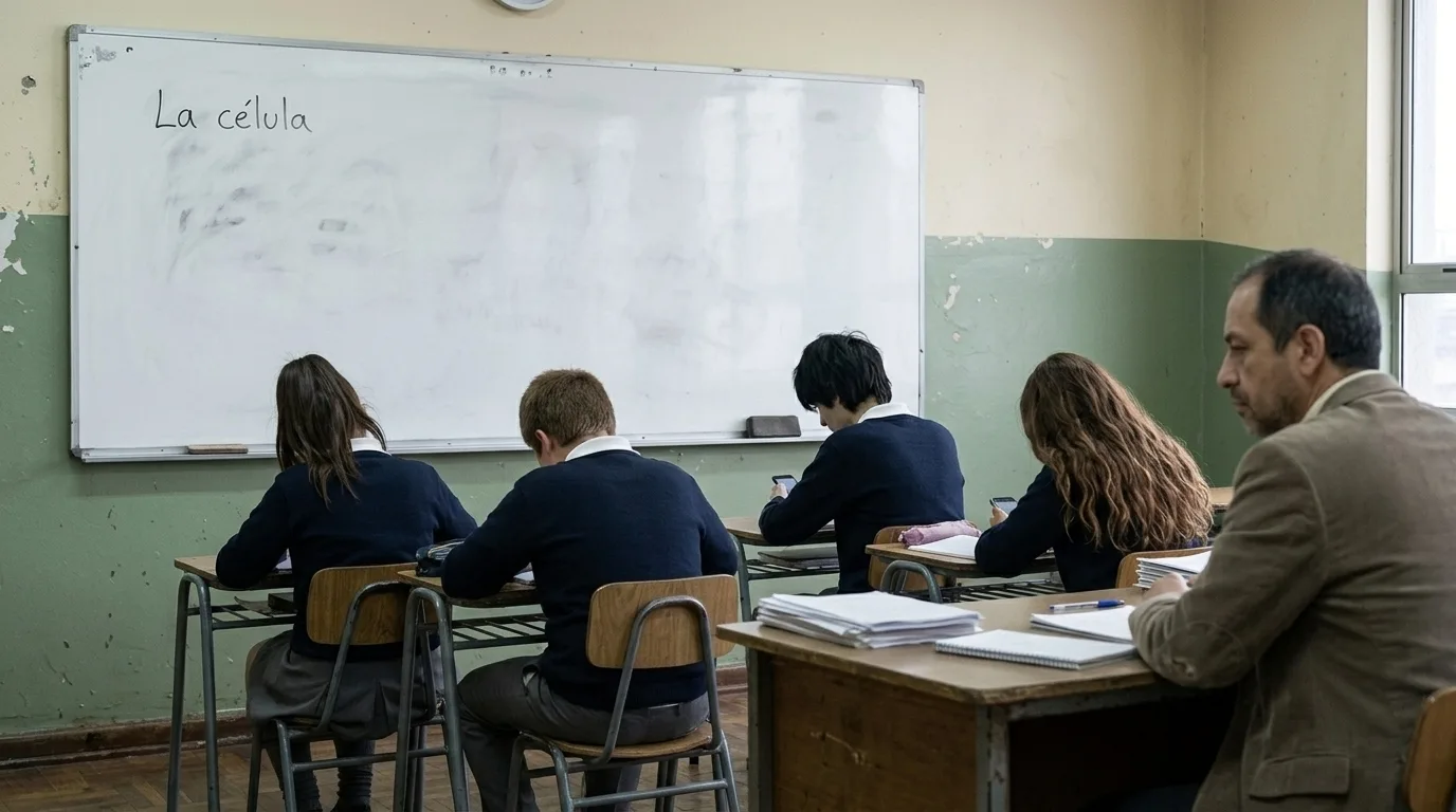 Video con IA sin maqueta: el profesor aparece sentado al costado, entre los alumnos, fuera de su lugar en el aula